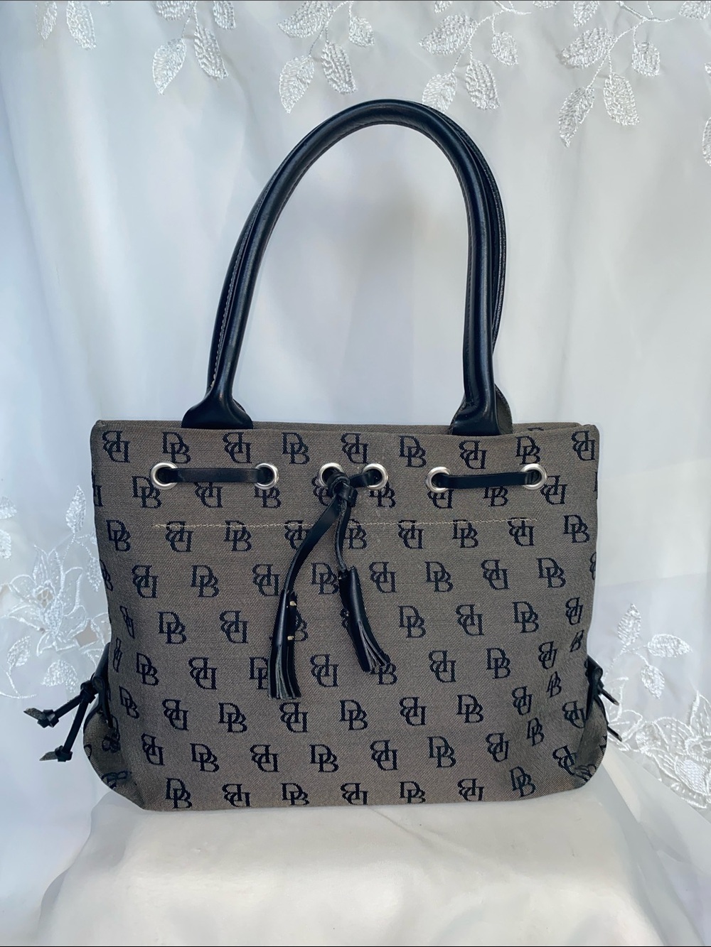 Dooney & Bourke Taupe Monogram Drawstring Tote with Black Trim